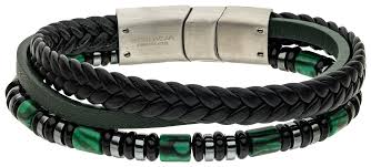 Steelwear Leather and Steel Bead Green Multistrand Bracelet