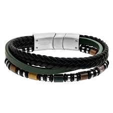 Steelwear Leather and Steel Bead Green & Brown Multistrand Bracelet