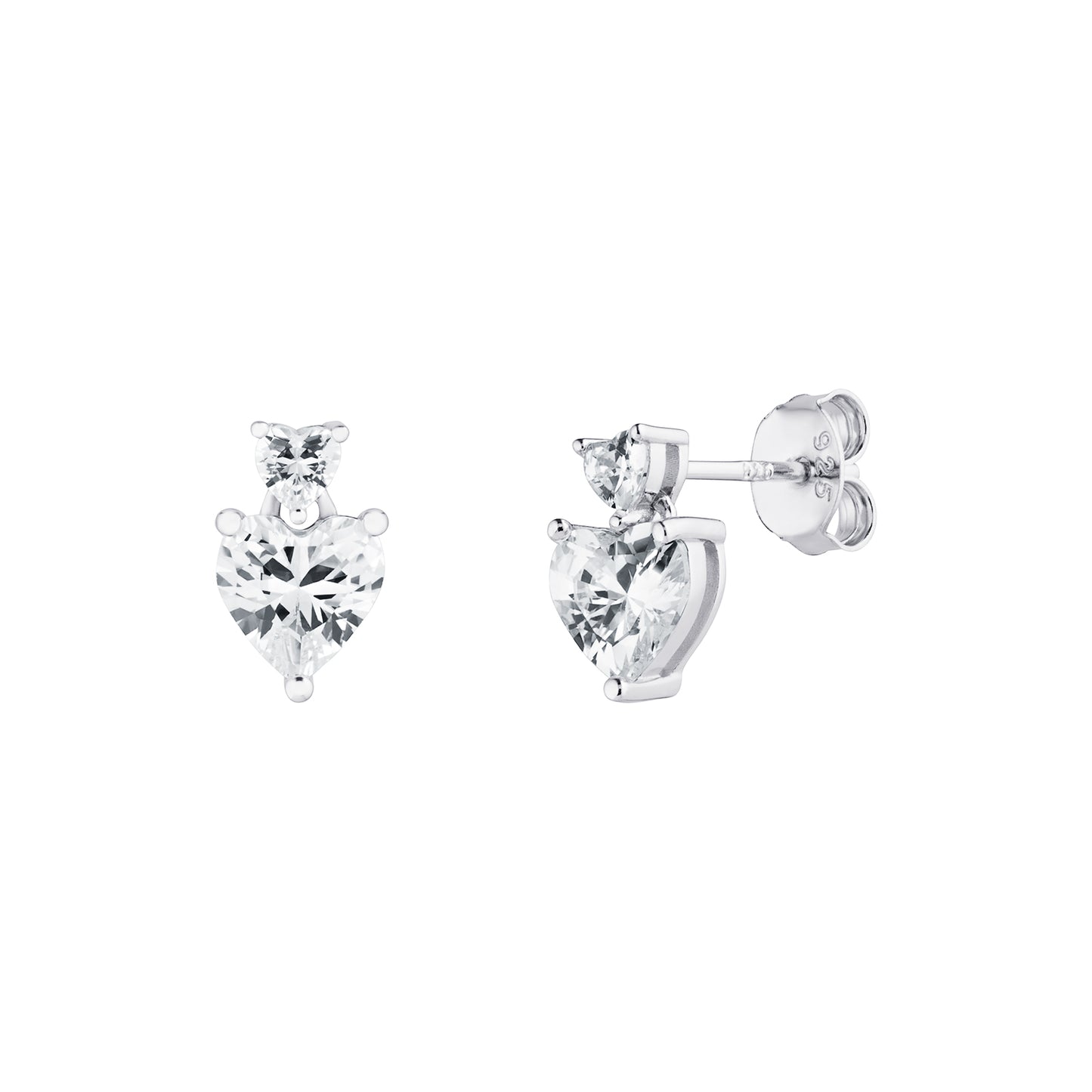 Sterling Silver Double CZ Heart Drop Earrings