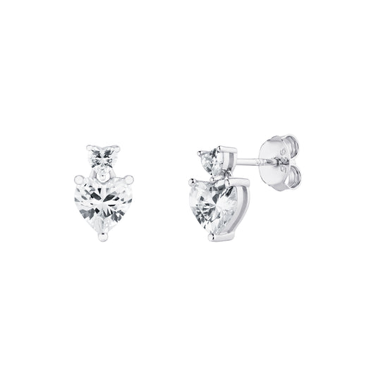 Sterling Silver Double CZ Heart Drop Earrings