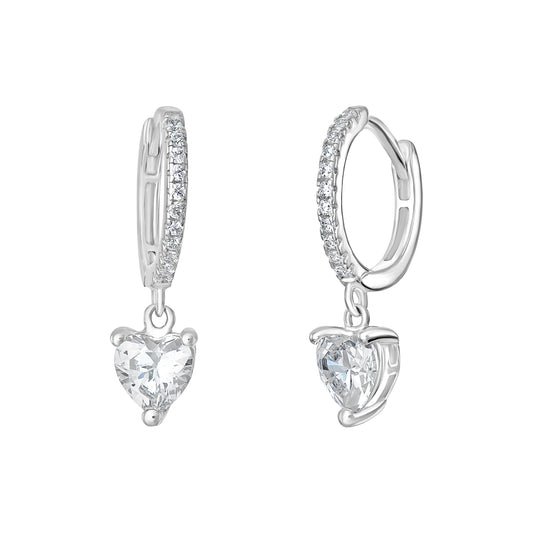 Sterling Silver CZ Heart Drop Hoop Earrings
