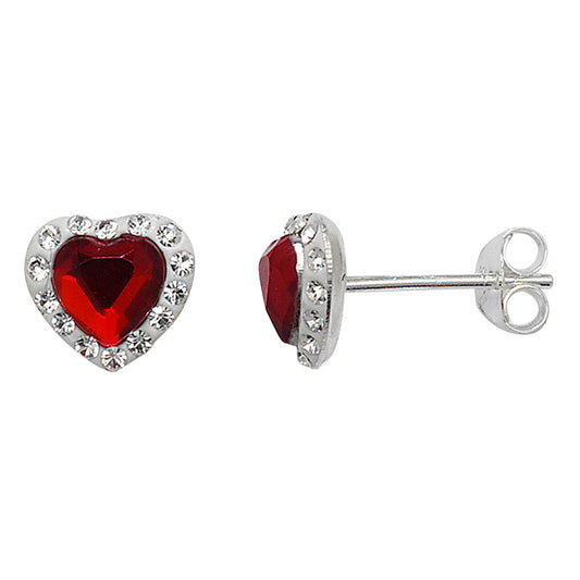 Sterling Silver Red Heart Earrings With CZ Halo
