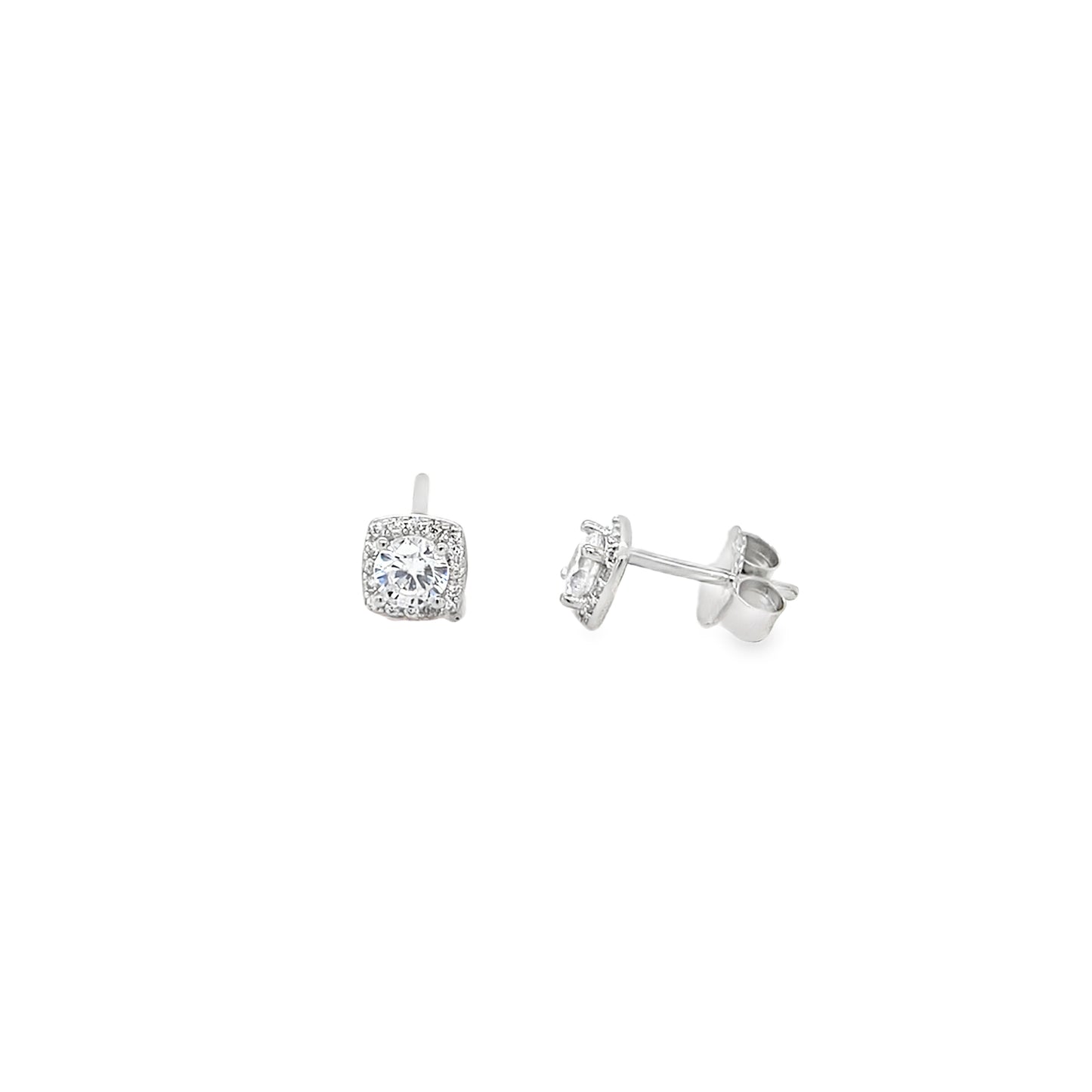 Sterling Silver Round CZ Stud Earring With Square Halo