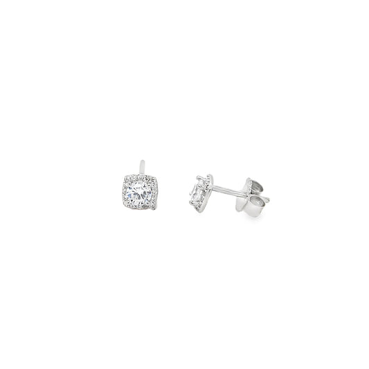 Sterling Silver Round CZ Stud Earring With Square Halo