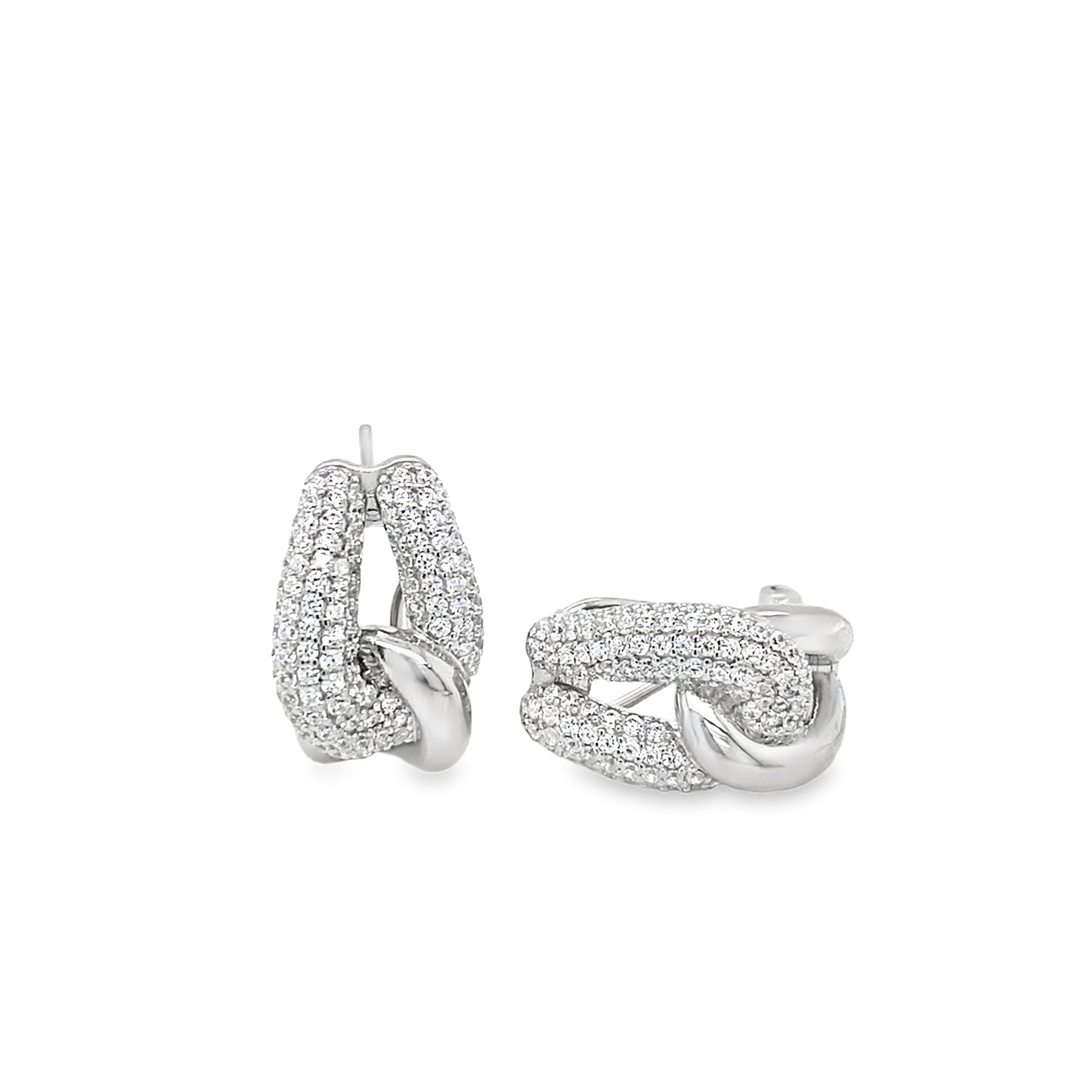 Sterling Silver CZ & Polished Double Loop 1/2 Hoop Earring