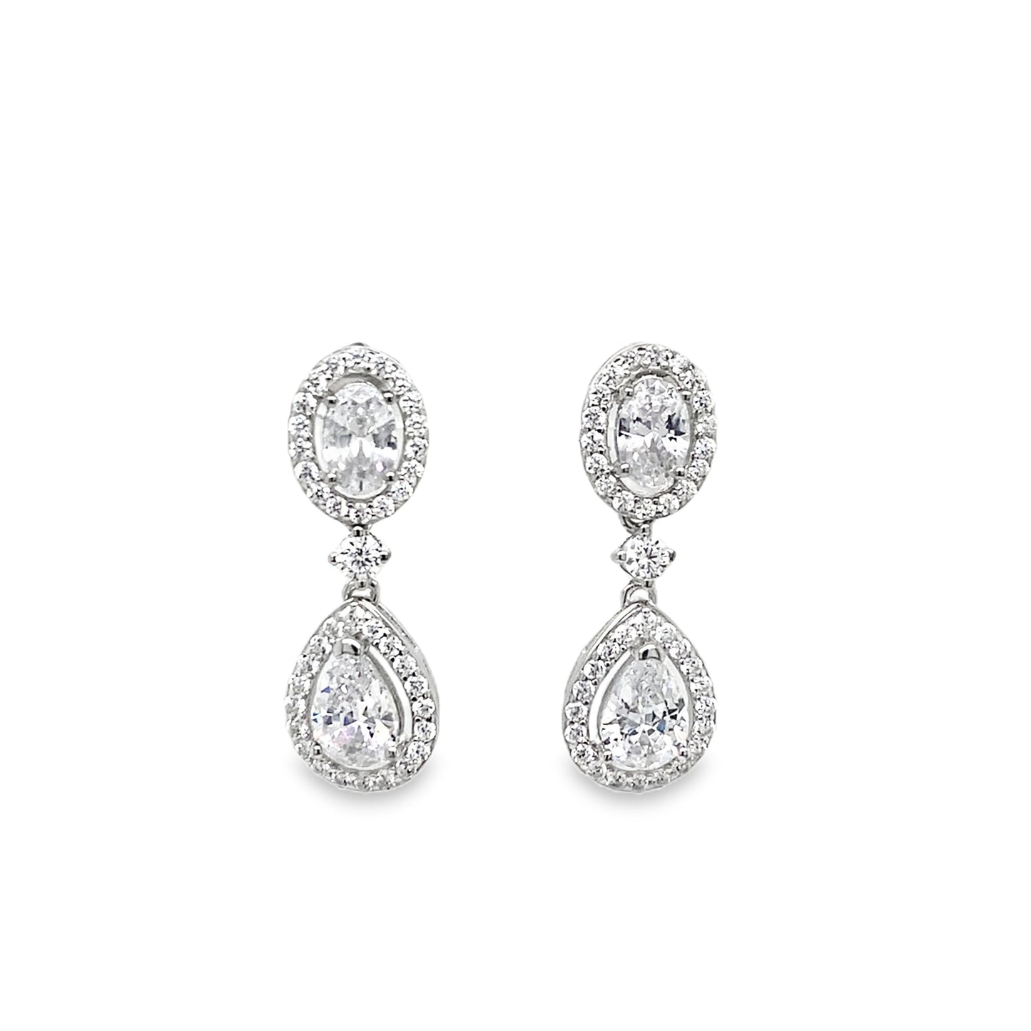 Sterling Silver Oval & Pear Halo Drop Earrings