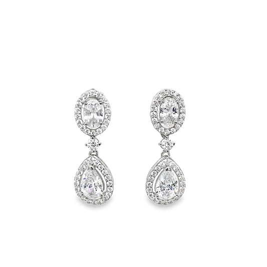 Sterling Silver Oval & Pear Halo Drop Earrings