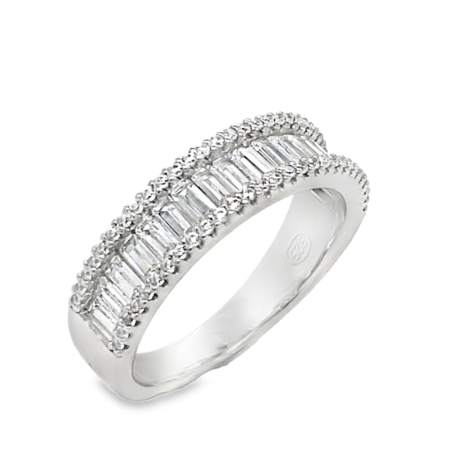 Sterling Silver Three Row Baguette and Round CZ Ring