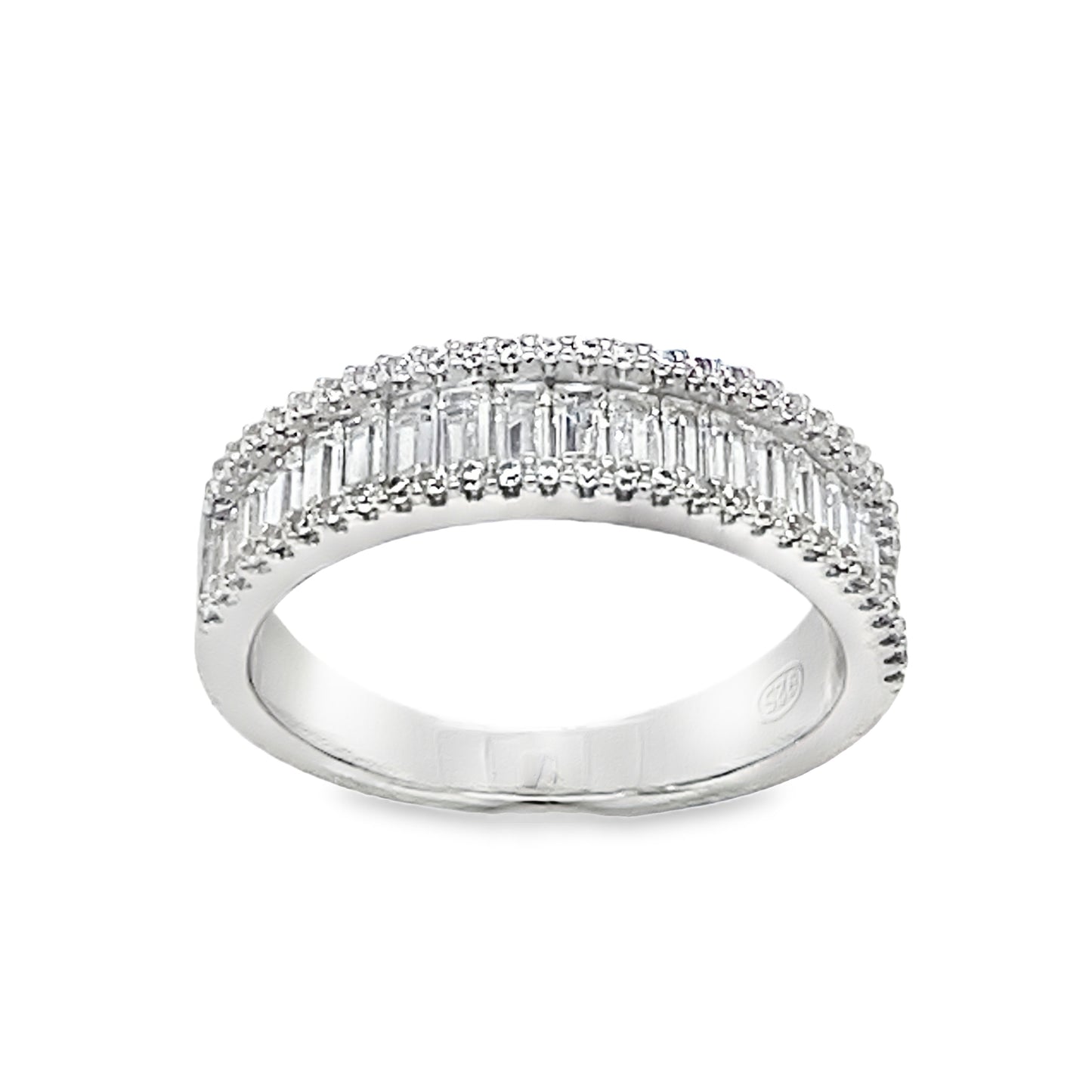 Sterling Silver Three Row Baguette and Round CZ Ring