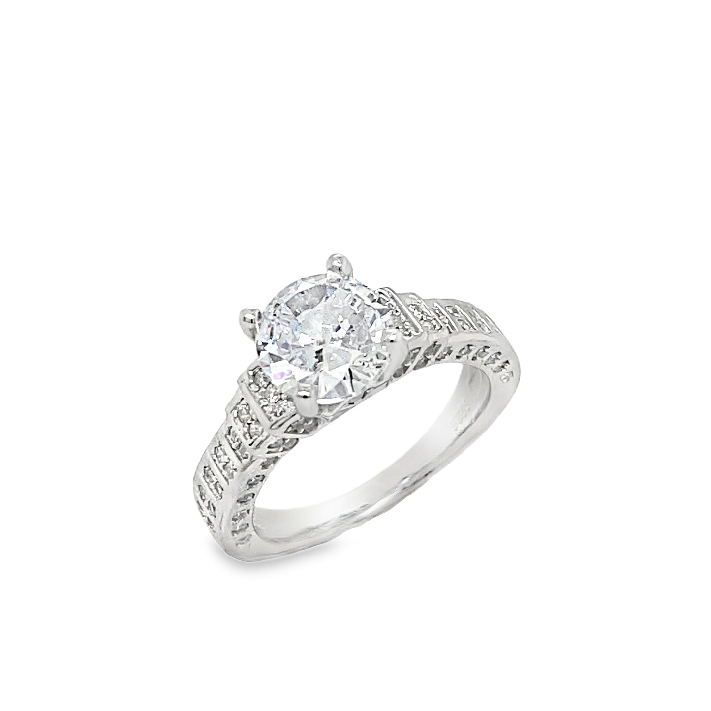 Sterling Silver Round CZ Solitaire Ring with CZ Shoulders