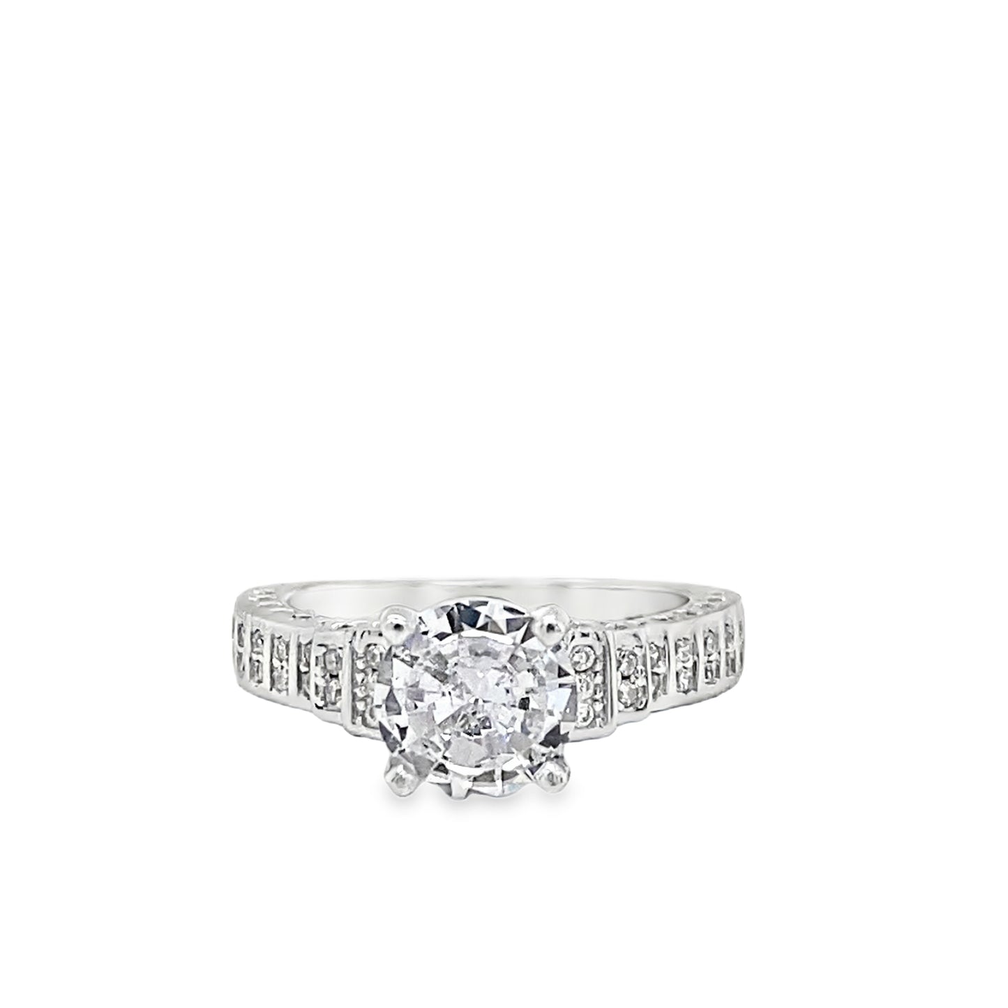 Sterling Silver Round CZ Solitaire Ring with CZ Shoulders