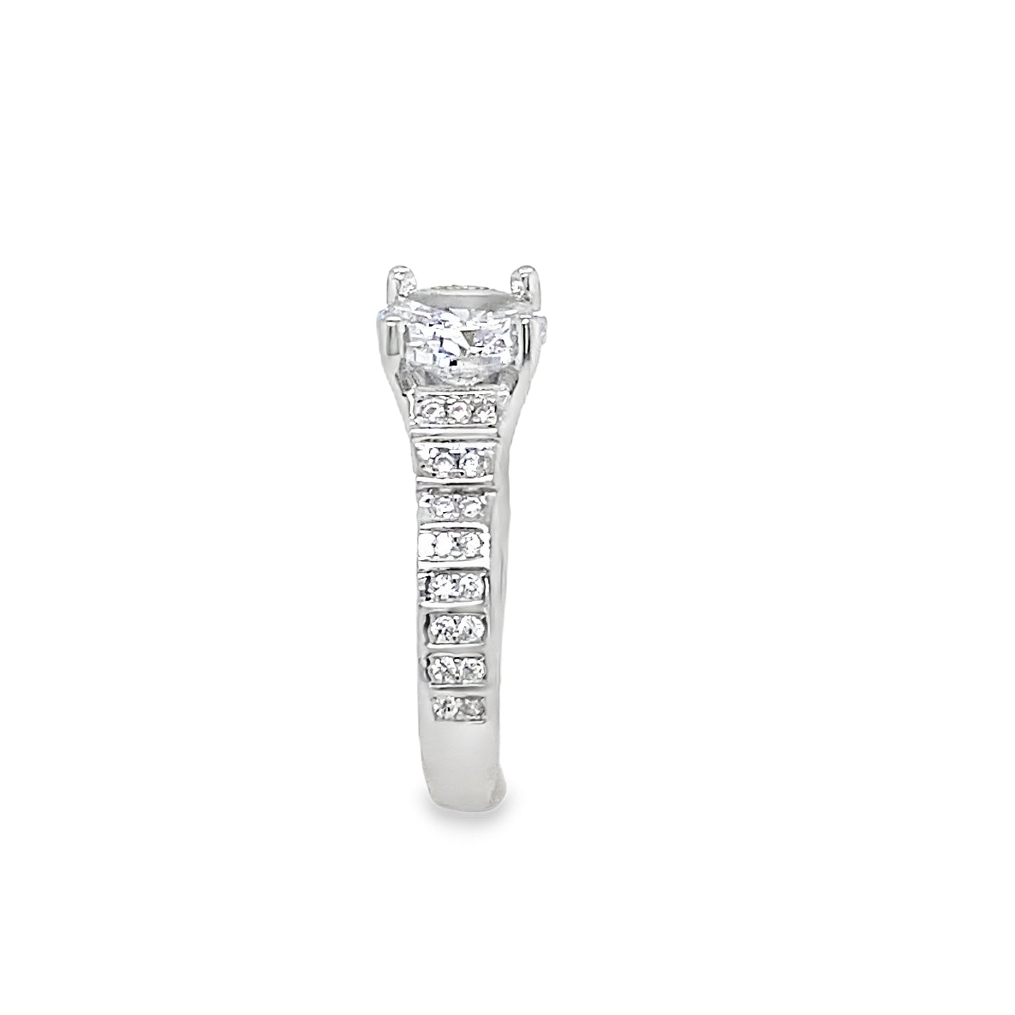 Sterling Silver Round CZ Solitaire Ring with CZ Shoulders