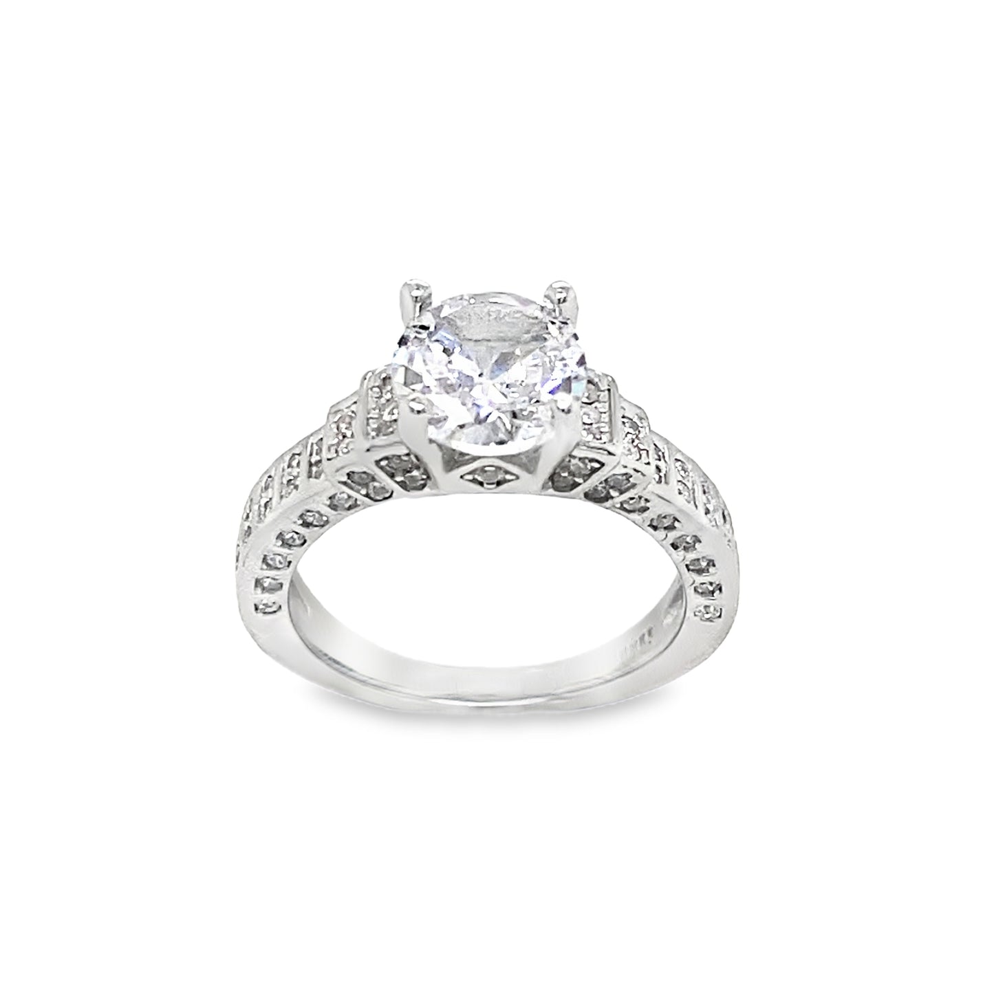 Sterling Silver Round CZ Solitaire Ring with CZ Shoulders