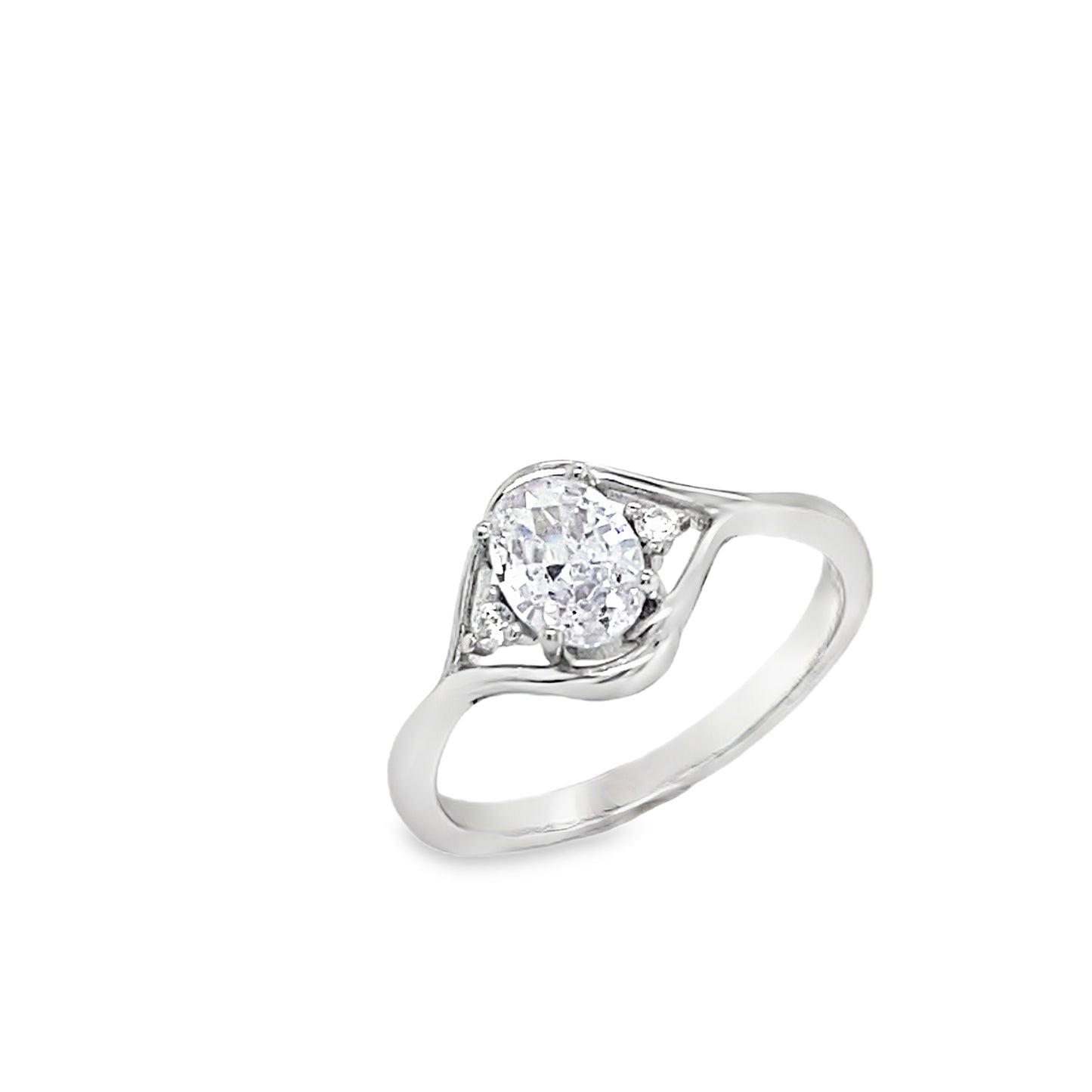 Sterling Silver Oval CZ Solitaire Ring with Open CZ Shoulders
