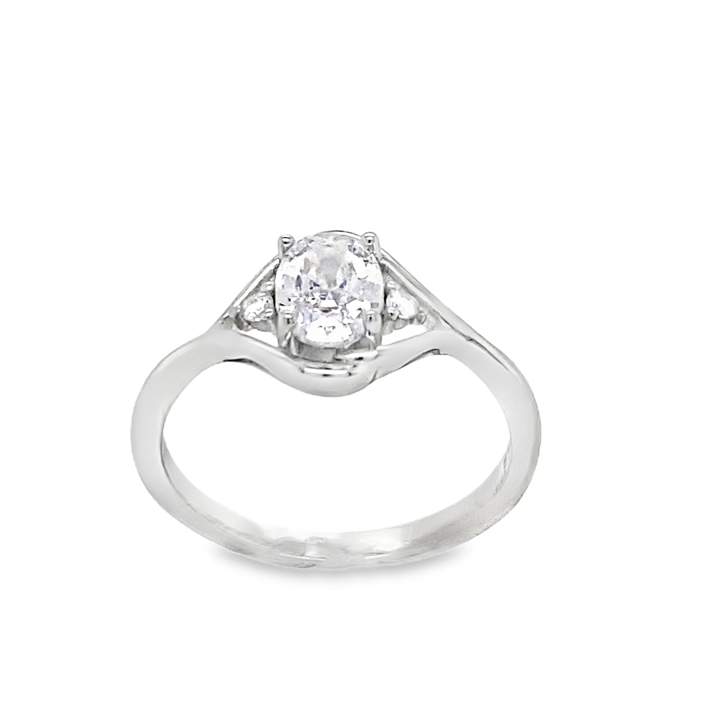 Sterling Silver Oval CZ Solitaire Ring with Open CZ Shoulders