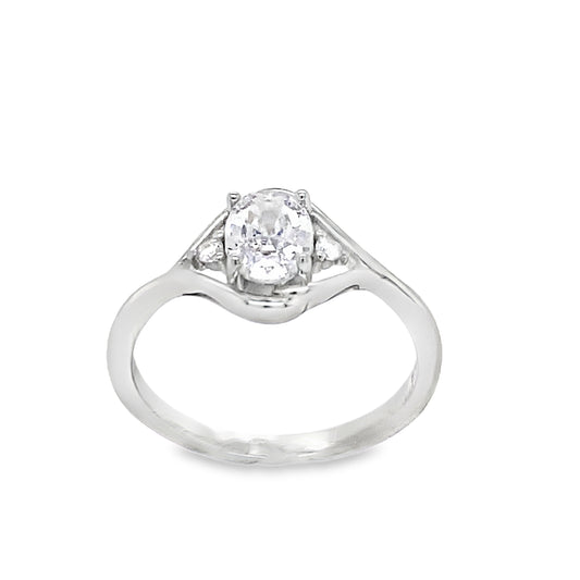 Sterling Silver Oval CZ Solitaire Ring with Open CZ Shoulders