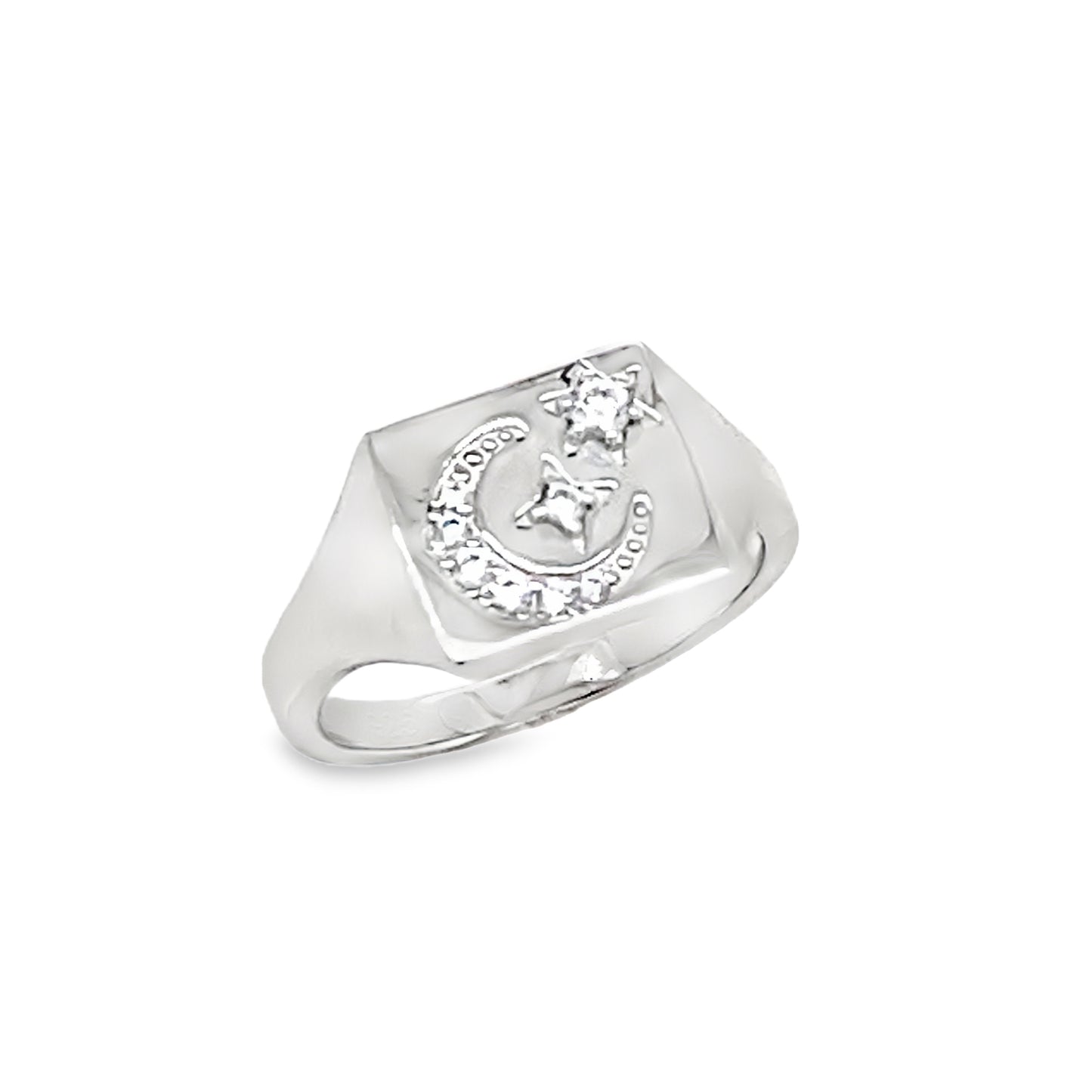 Sterling Silver CZ Moon and Star Signet Ring