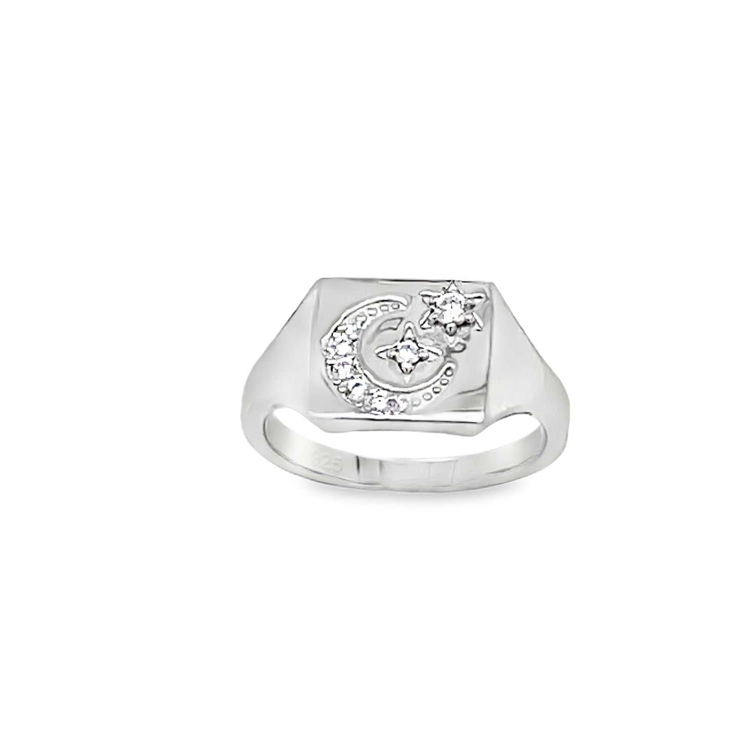 Sterling Silver CZ Moon and Star Signet Ring
