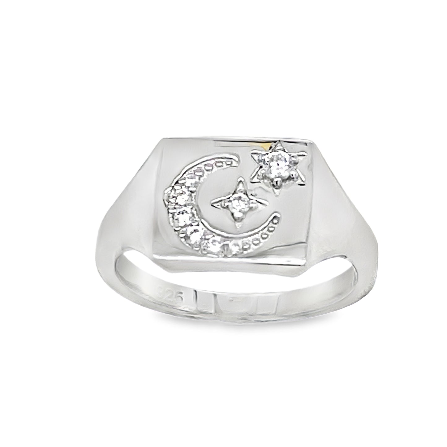 Sterling Silver CZ Moon and Star Signet Ring