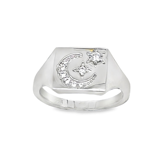 Sterling Silver CZ Moon and Star Signet Ring