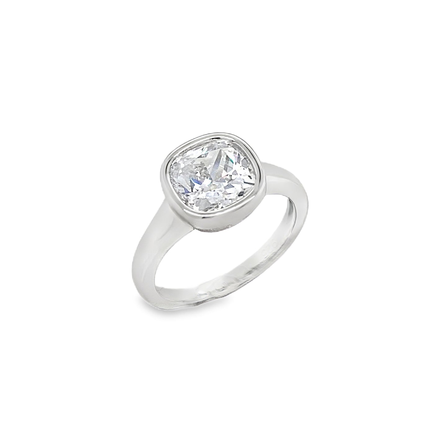 Sterling Silver Rubover Set Cushion Cut CZ Ring