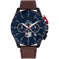 Gents Tommy Hilfiger Bank Navy Dial Watch With Brown Strap