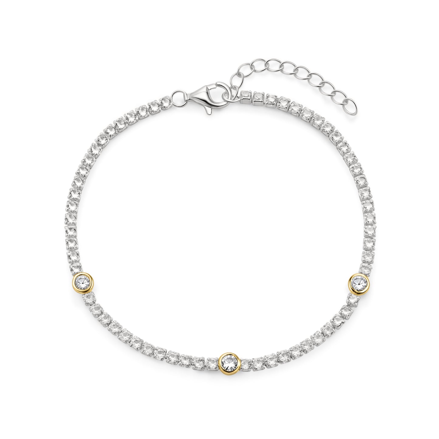 Sterling Silver 4mm CZ Tennis Bracelet With Scattered Gold Plated Rubover Stones