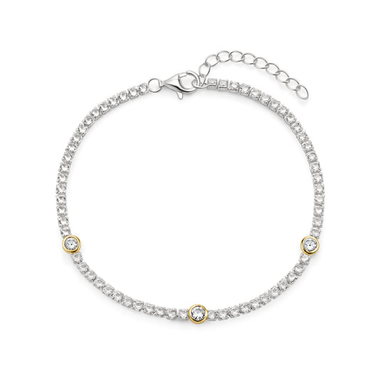 Sterling Silver 4mm CZ Tennis Bracelet With Scattered Gold Plated Rubover Stones