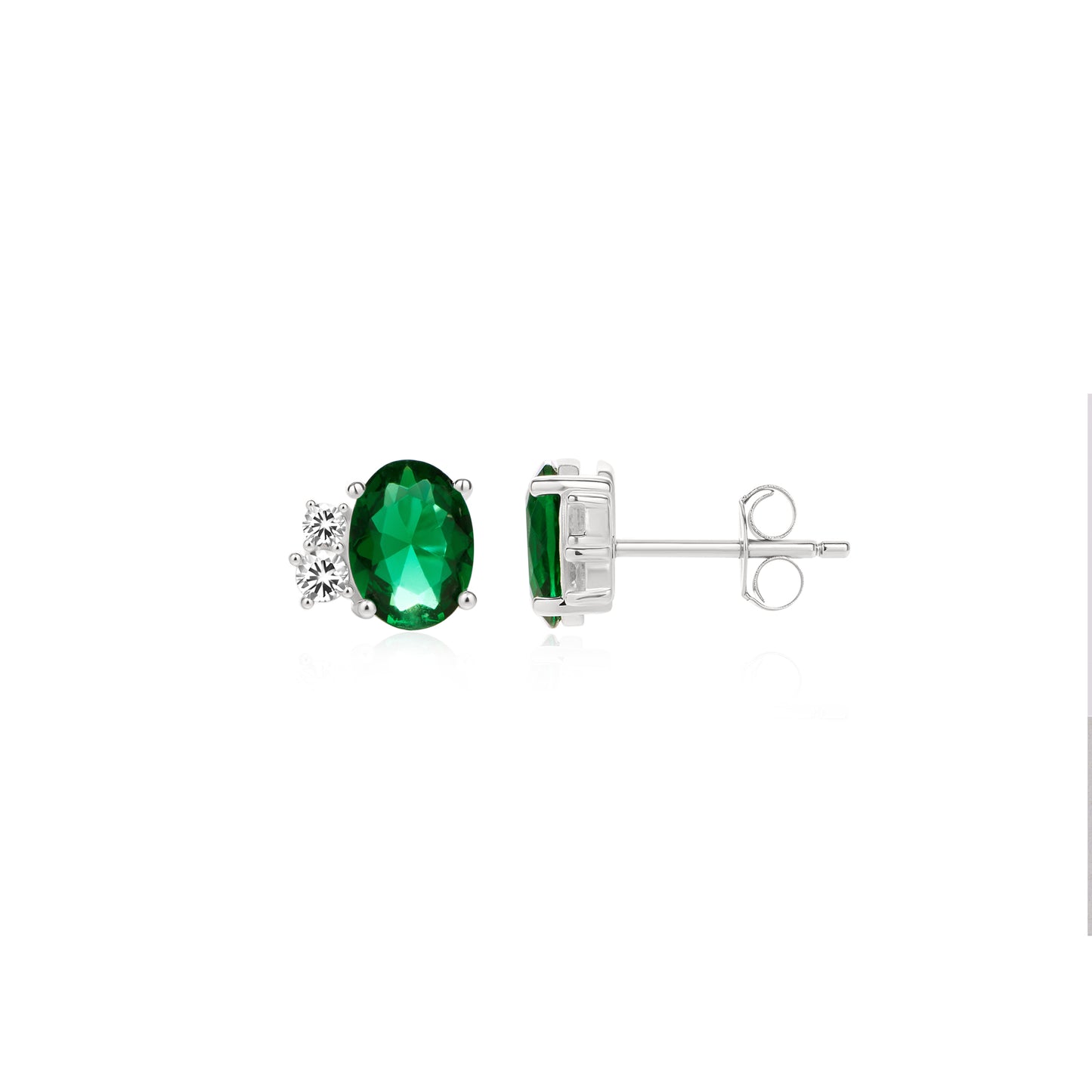 Sterling Silver Green & White CZ Oval Stud Earring With Round Edges