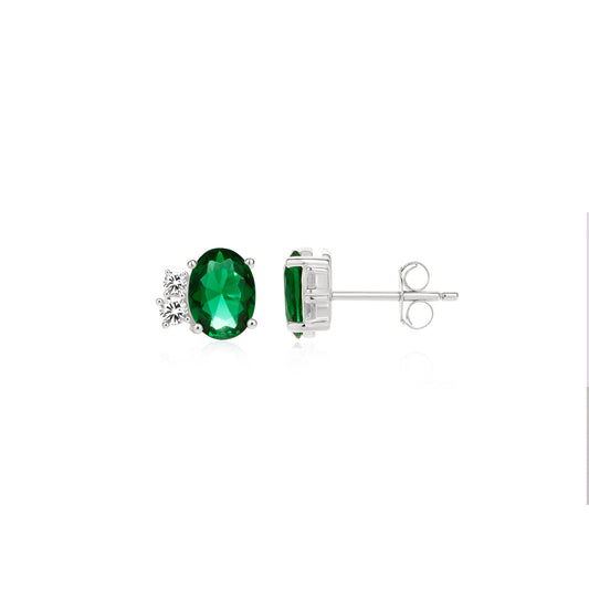 Sterling Silver Green & White CZ Oval Stud Earring With Round Edges