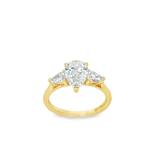 18ct 3 Stone Pear Cut Cultured Diamond Ring With Pear Cut Diamond Shoulders 1.96ct