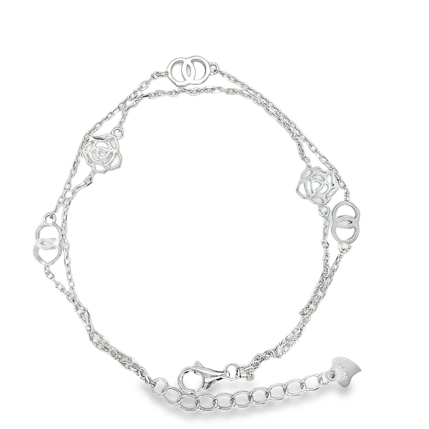 Sterling Silver Double Row Double Circle and Rose Bracelet
