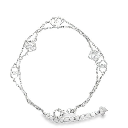 Sterling Silver Double Row Double Circle and Rose Bracelet