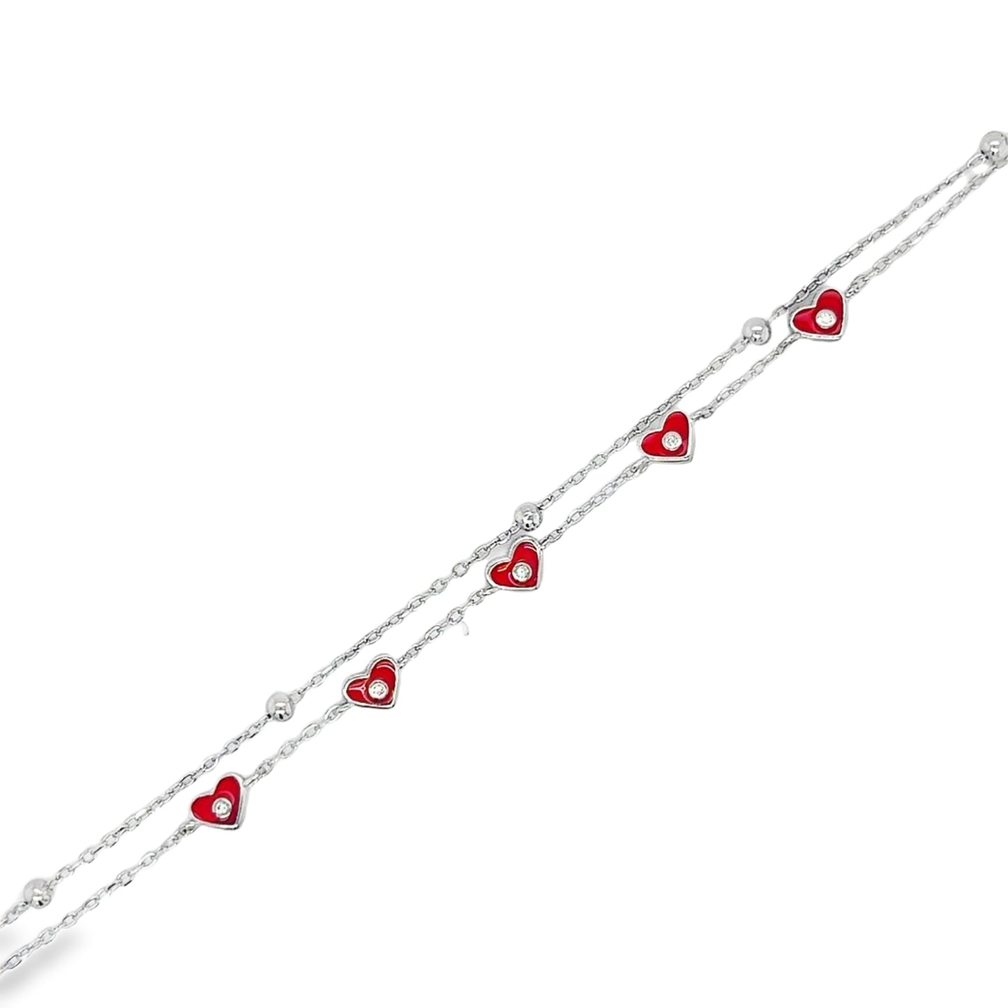 Sterling Silver Double Row Red Enamel Heart Bracelet