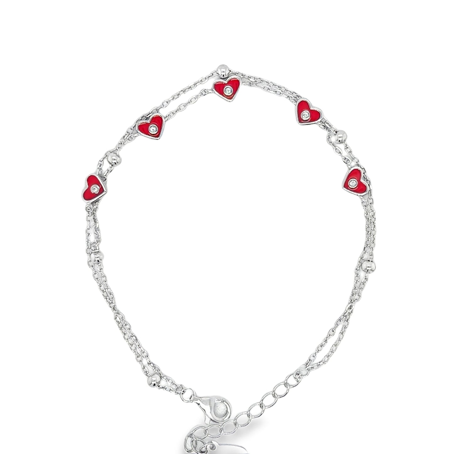 Sterling Silver Double Row Red Enamel Heart Bracelet