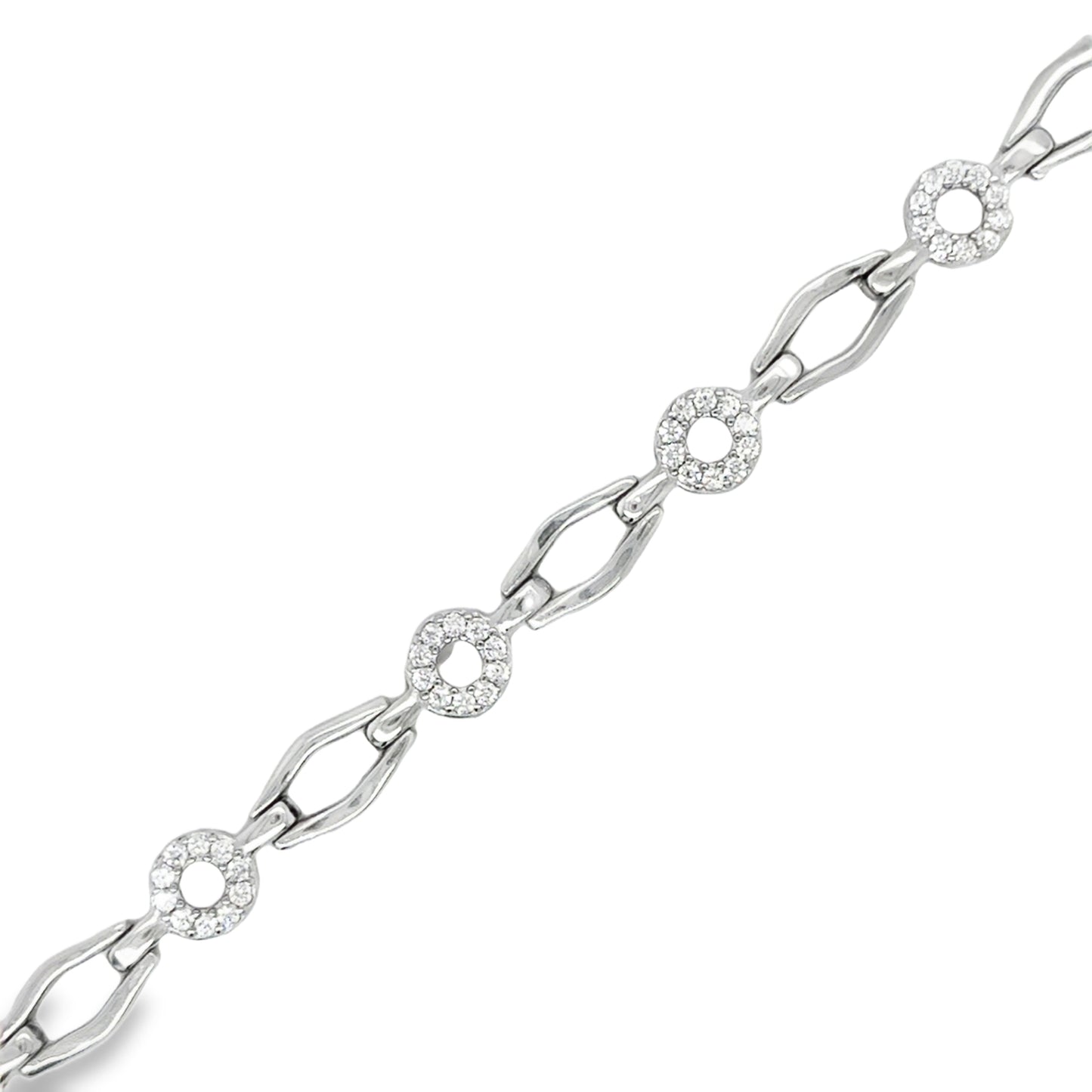 Sterling Silver CZ Circle & Polished Open Link Bracelet