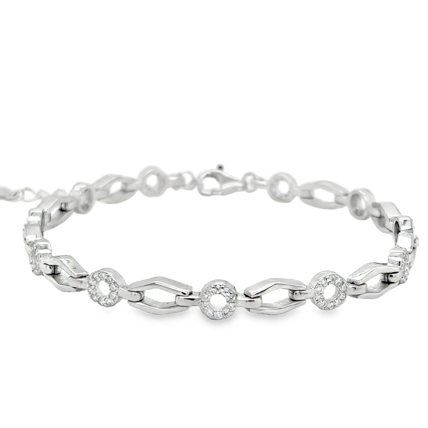Sterling Silver CZ Circle & Polished Open Link Bracelet