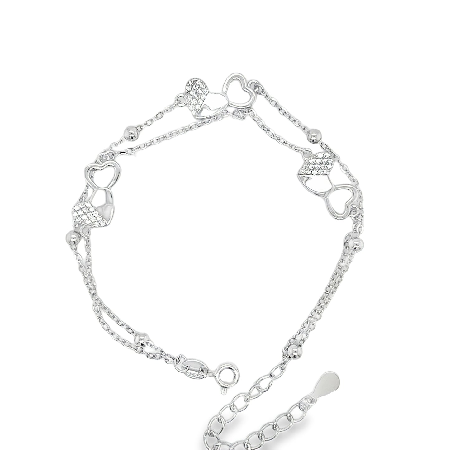 Sterling Silver Double Row Double CZ Heart Scatter Bracelet