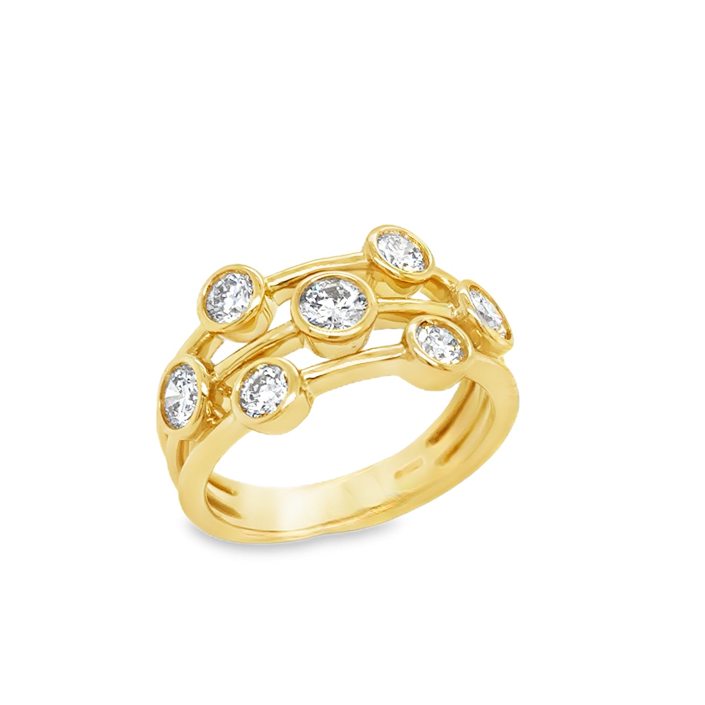 18ct Yellow Gold Three Row seven Stone Rubover Set Round Cultured Diamond Ring 1.06ct