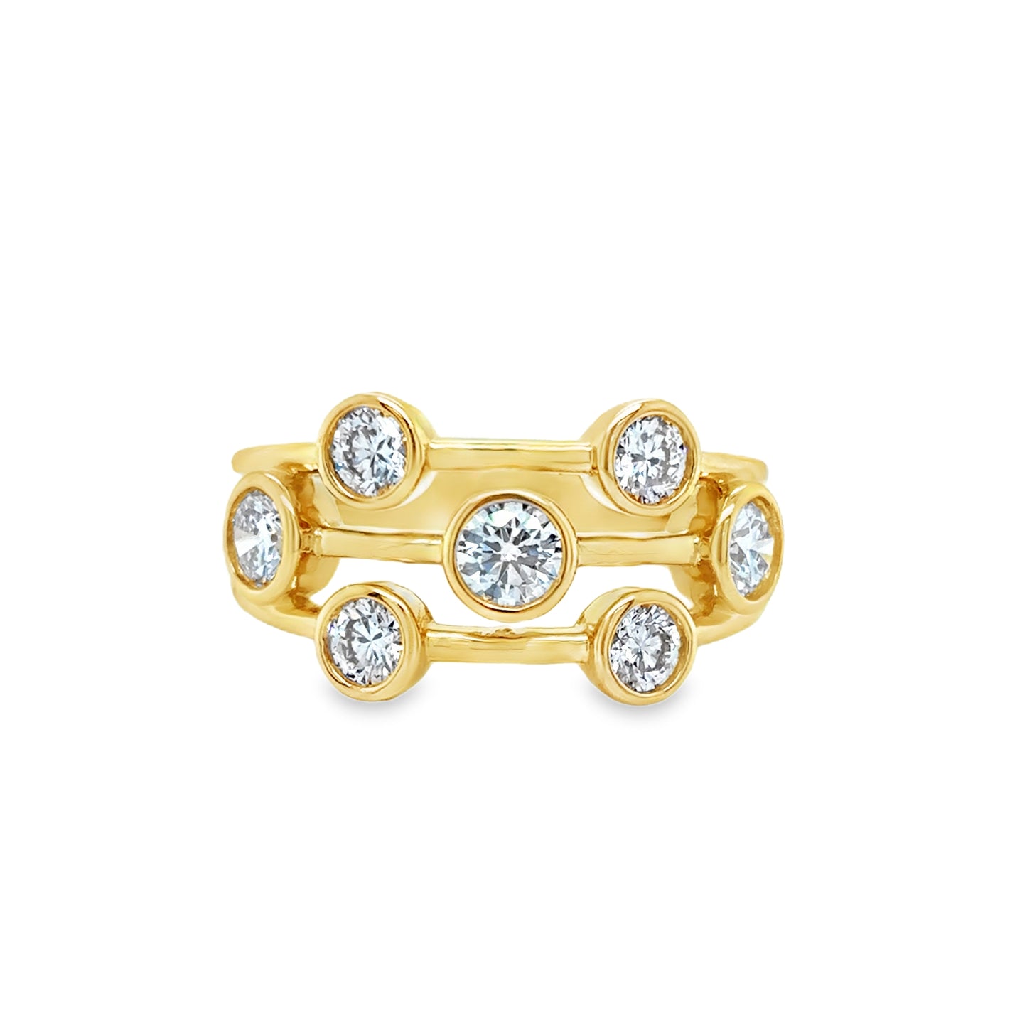 18ct Yellow Gold Three Row seven Stone Rubover Set Round Cultured Diamond Ring 1.06ct