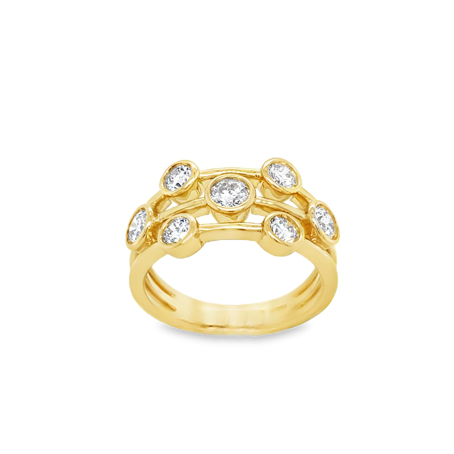 18ct Yellow Gold Three Row seven Stone Rubover Set Round Cultured Diamond Ring 1.06ct