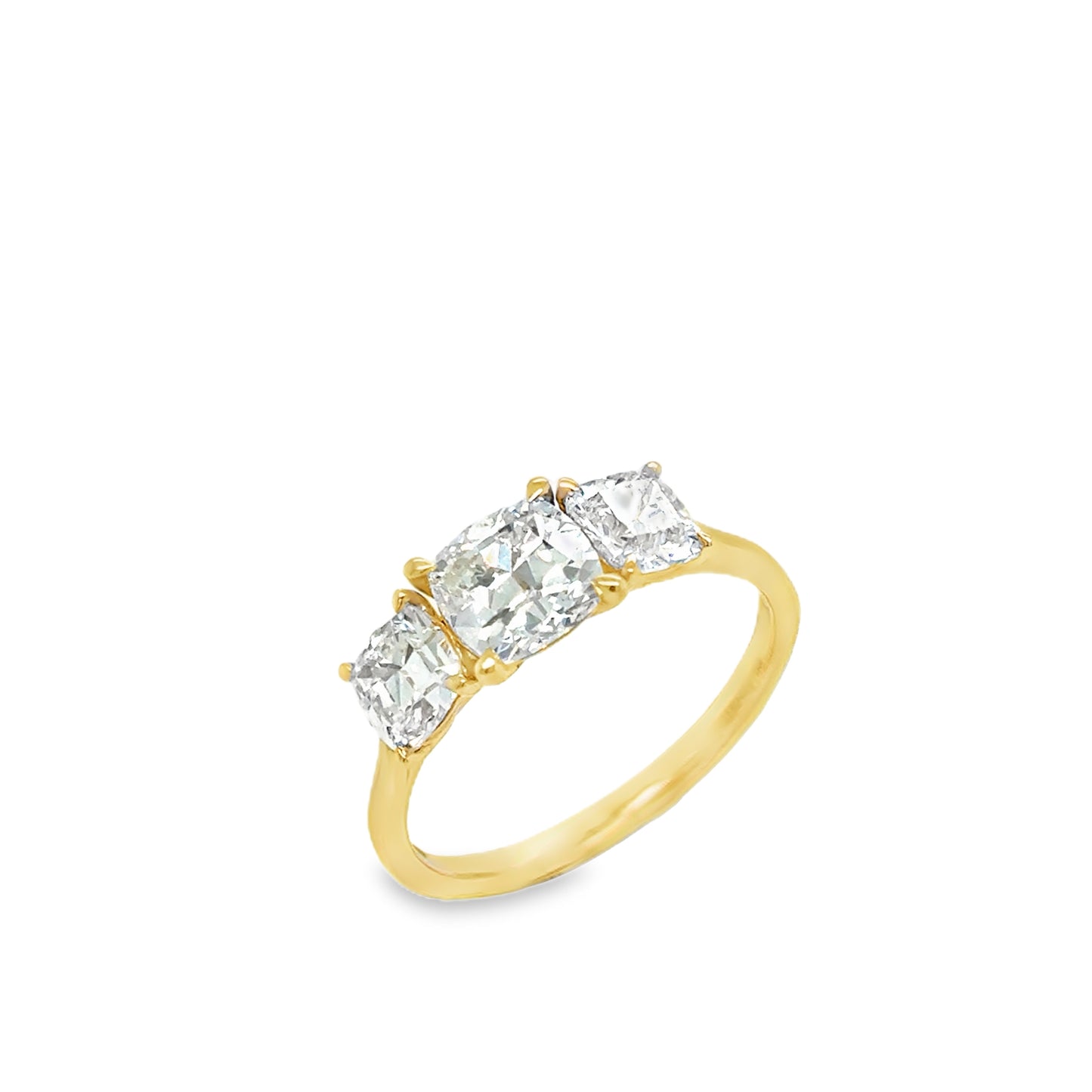 18ct Yellow Gold Three Stone Miner Cut Cultured Diamond Ring 2.15ct