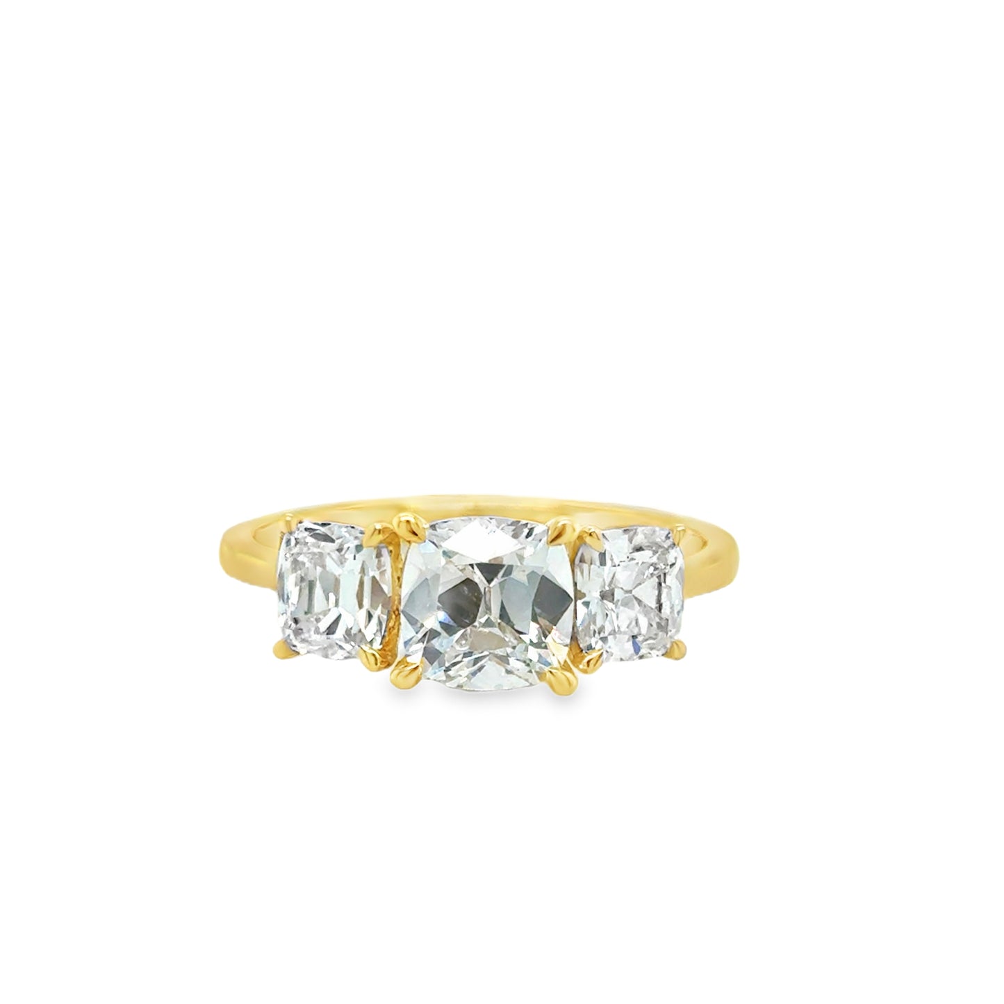 18ct Yellow Gold Three Stone Miner Cut Cultured Diamond Ring 2.15ct
