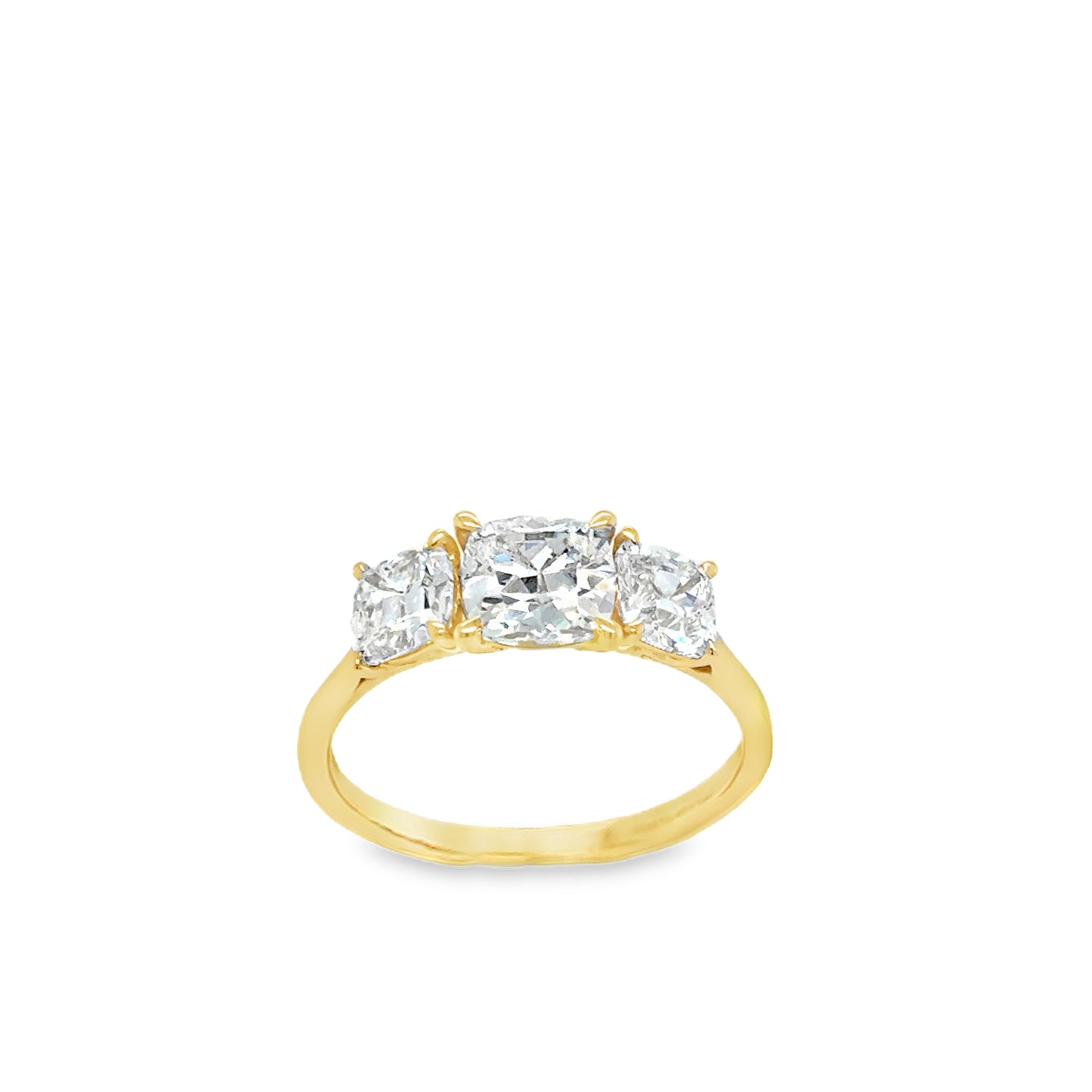 18ct Yellow Gold Three Stone Miner Cut Cultured Diamond Ring 2.15ct