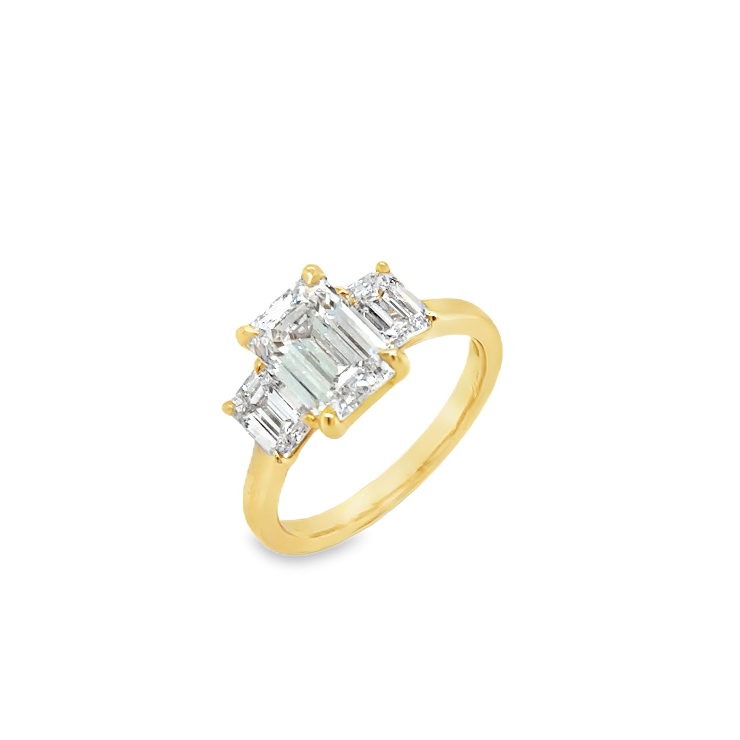 18ct Yellow Gold Emerald Cut Three Stone Cultured Diamond Ring 3.00ct