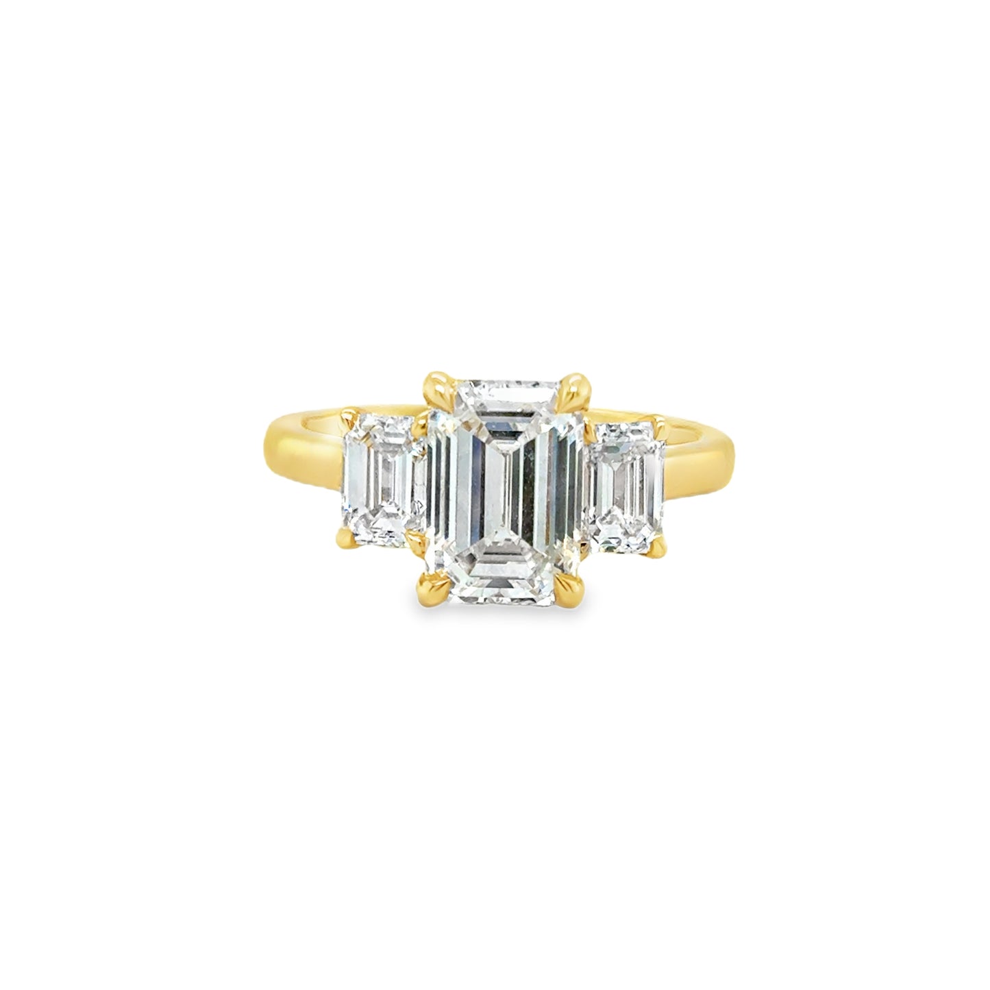 18ct Yellow Gold Emerald Cut Three Stone Cultured Diamond Ring 3.00ct