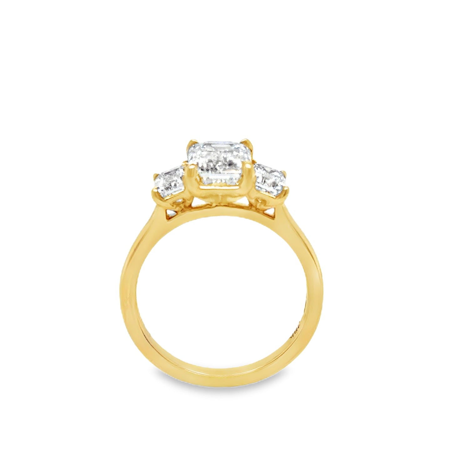18ct Yellow Gold Emerald Cut Three Stone Cultured Diamond Ring 3.00ct