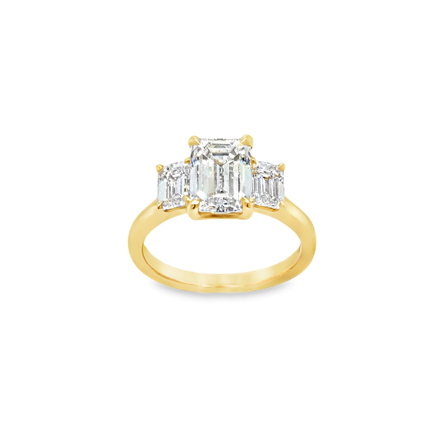 18ct Yellow Gold Emerald Cut Three Stone Cultured Diamond Ring 3.00ct
