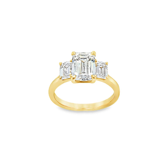 18ct Yellow Gold Emerald Cut Three Stone Cultured Diamond Ring 3.00ct
