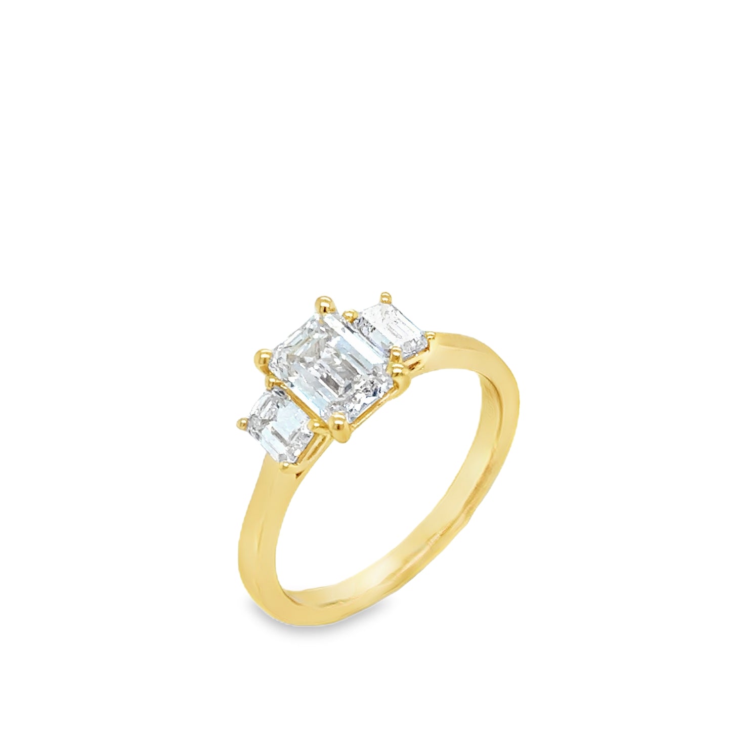 18ct Yellow Gold Three Stone Emerald Cut Cultured Diamond Ring 1.52ct